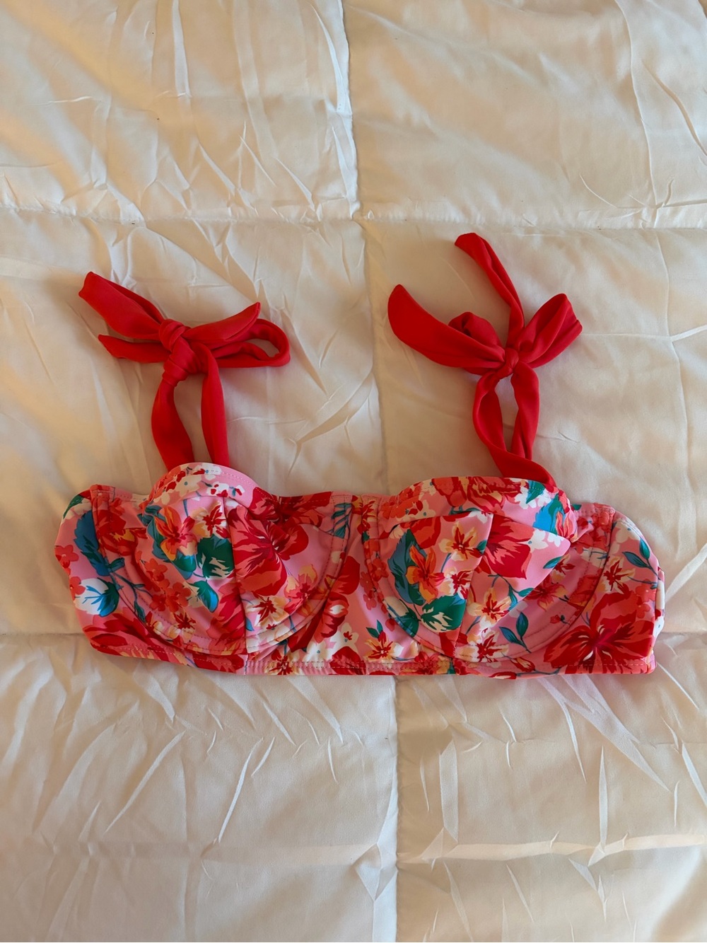 Xhilaration Pink Floral Bandeau Swim Top with Red Tie Straps